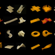 Some of the different digital models and shapes of cooked and uncooked pasta.